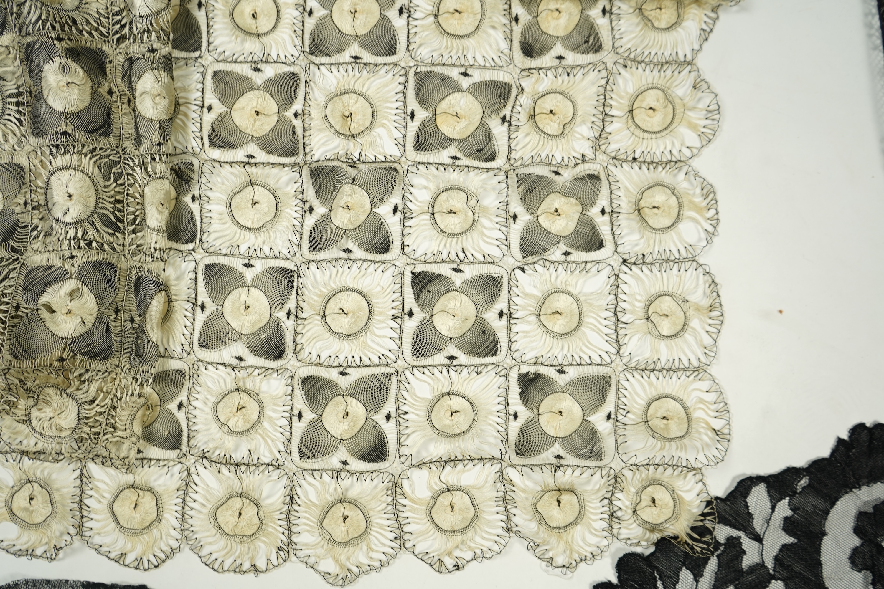 A fine cream and black silk ‘tatting’ stole, two black silk stoles, two bonnet veils and various collars and small triangular mantilla etc. Condition - some damage to bonnet veil., Tatting stole 184cm long.